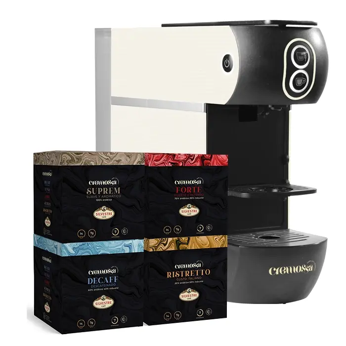 Cafetera Cremossa+ blanca y 4 estuches de 14